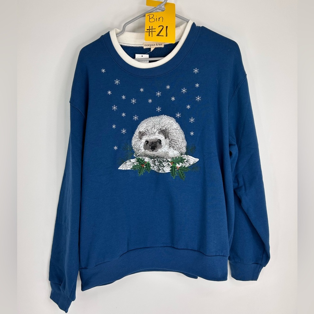 HEDGEHOG SNOW PULLOVER FLEECE Grannycore Embroidery NWT Size XL